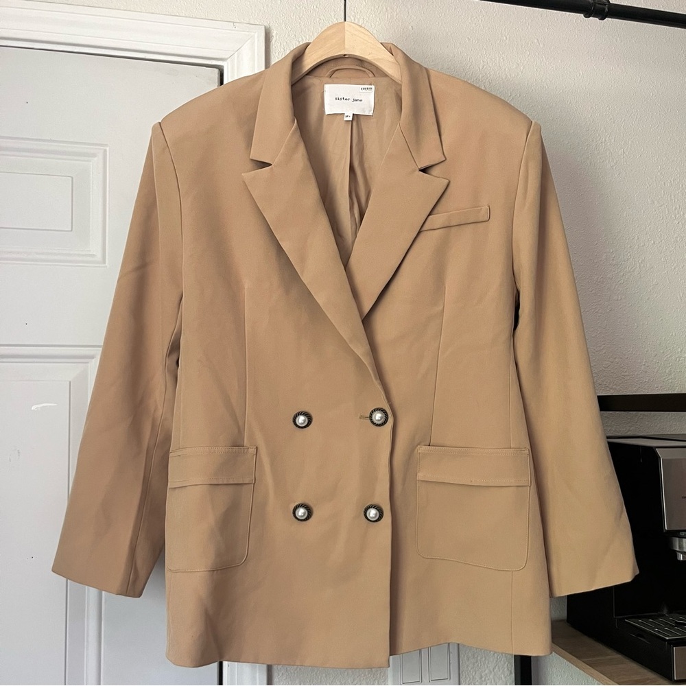 SISTER JANE tan double breasted strong padded shoulder blazer jacket